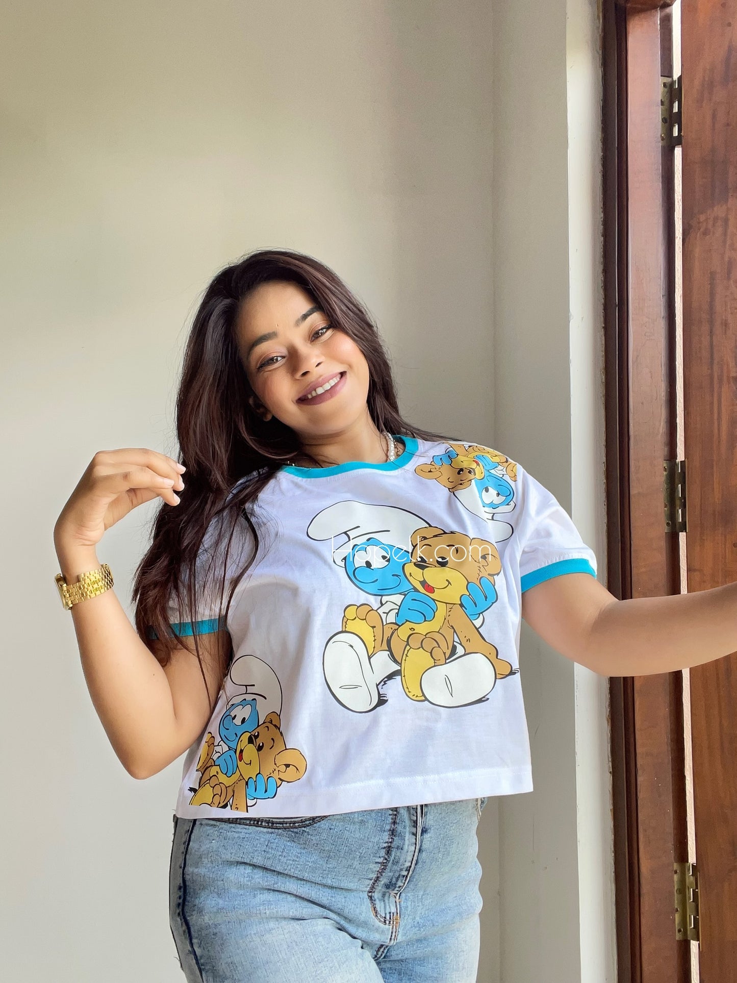 Printed crop top - Smurf and bear