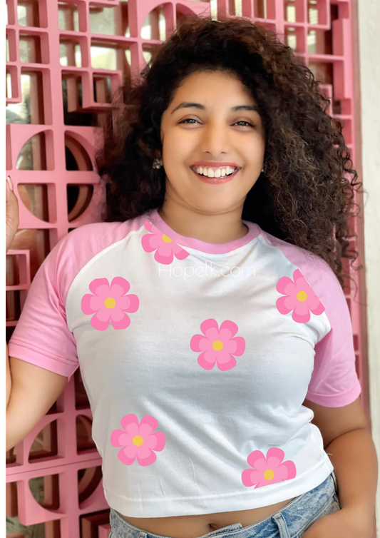 Raglan Sleeve  Flower Print Pink Crop top