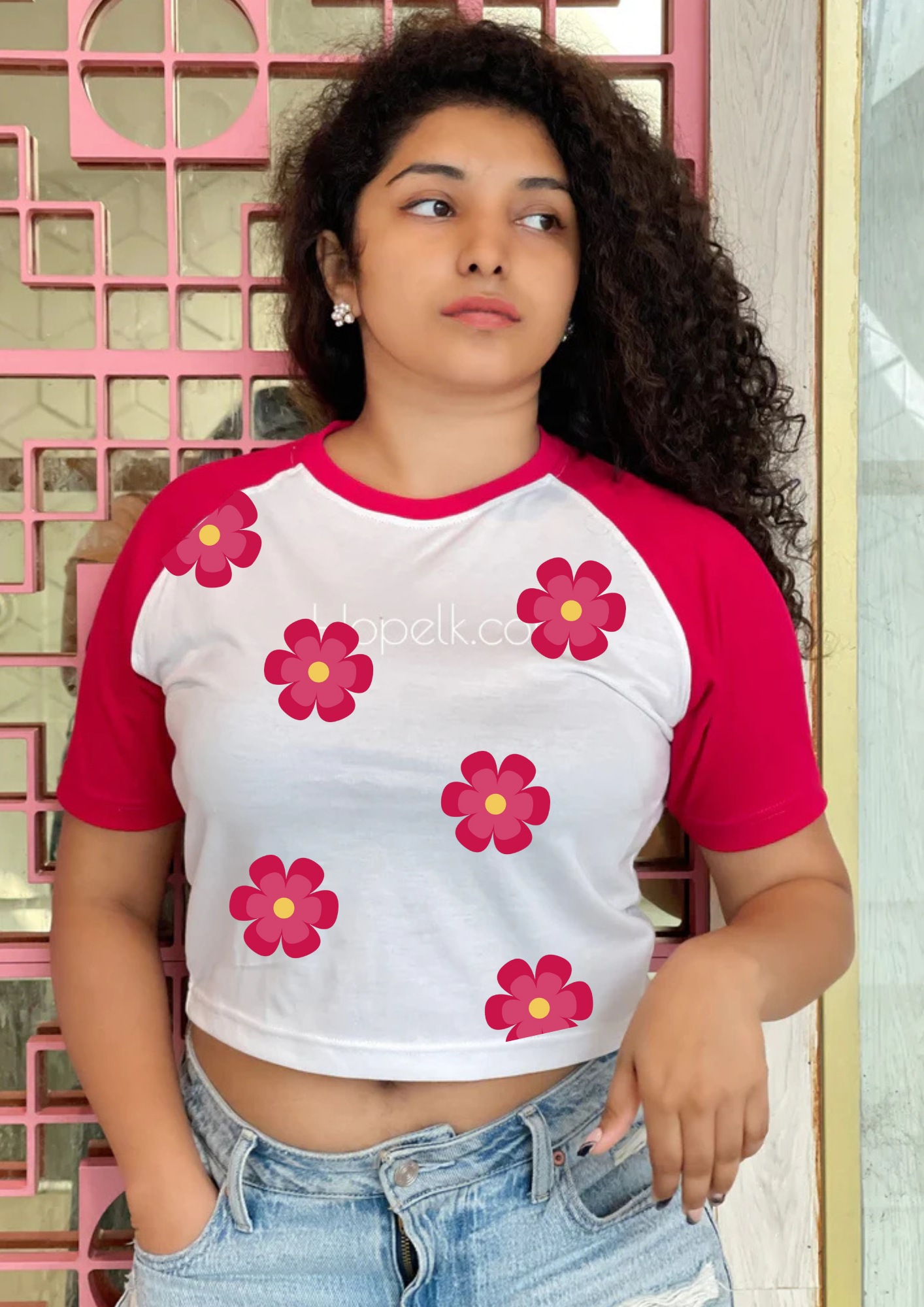 Raglan Sleeve  Flower Print Hot Pink Crop top