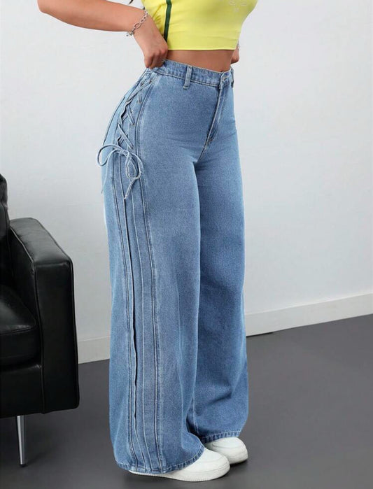 Casual loose denim pant with bow tie |Hopedenim007