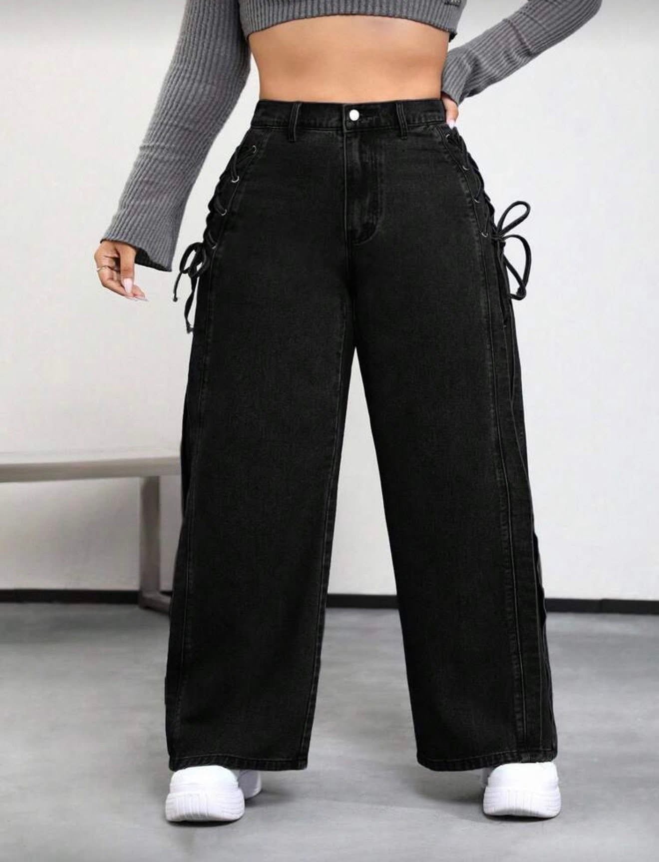 Casual loose black denim pant with bow tie