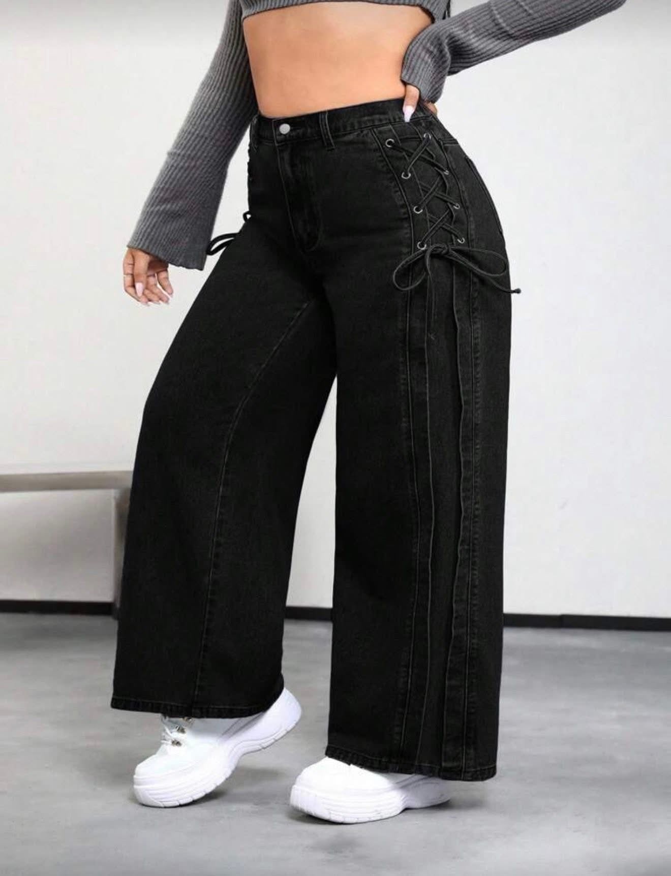 Casual loose black denim pant with bow tie