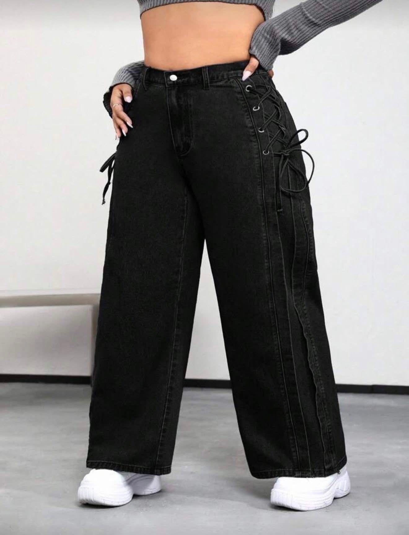 Casual loose black denim pant with bow tie
