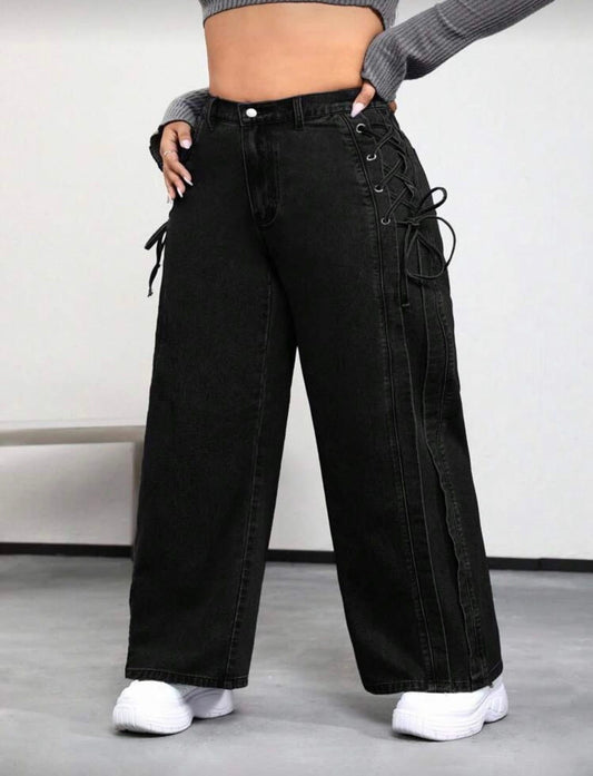 Casual loose black denim pant with bow tie