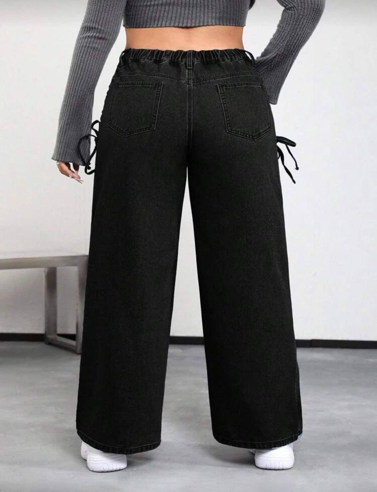 Casual loose black denim pant with bow tie