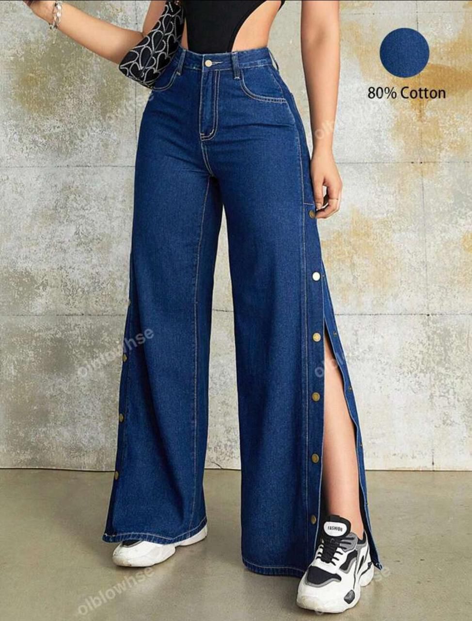 Slid Slit Darkblue Color Wide Leg Pant | Hopedenim014