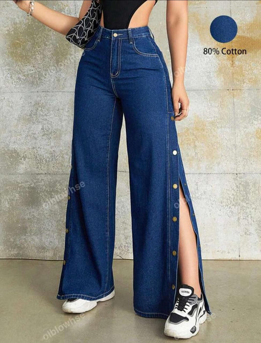 Slid Slit Darkblue Color Wide Leg Pant | Hopedenim014