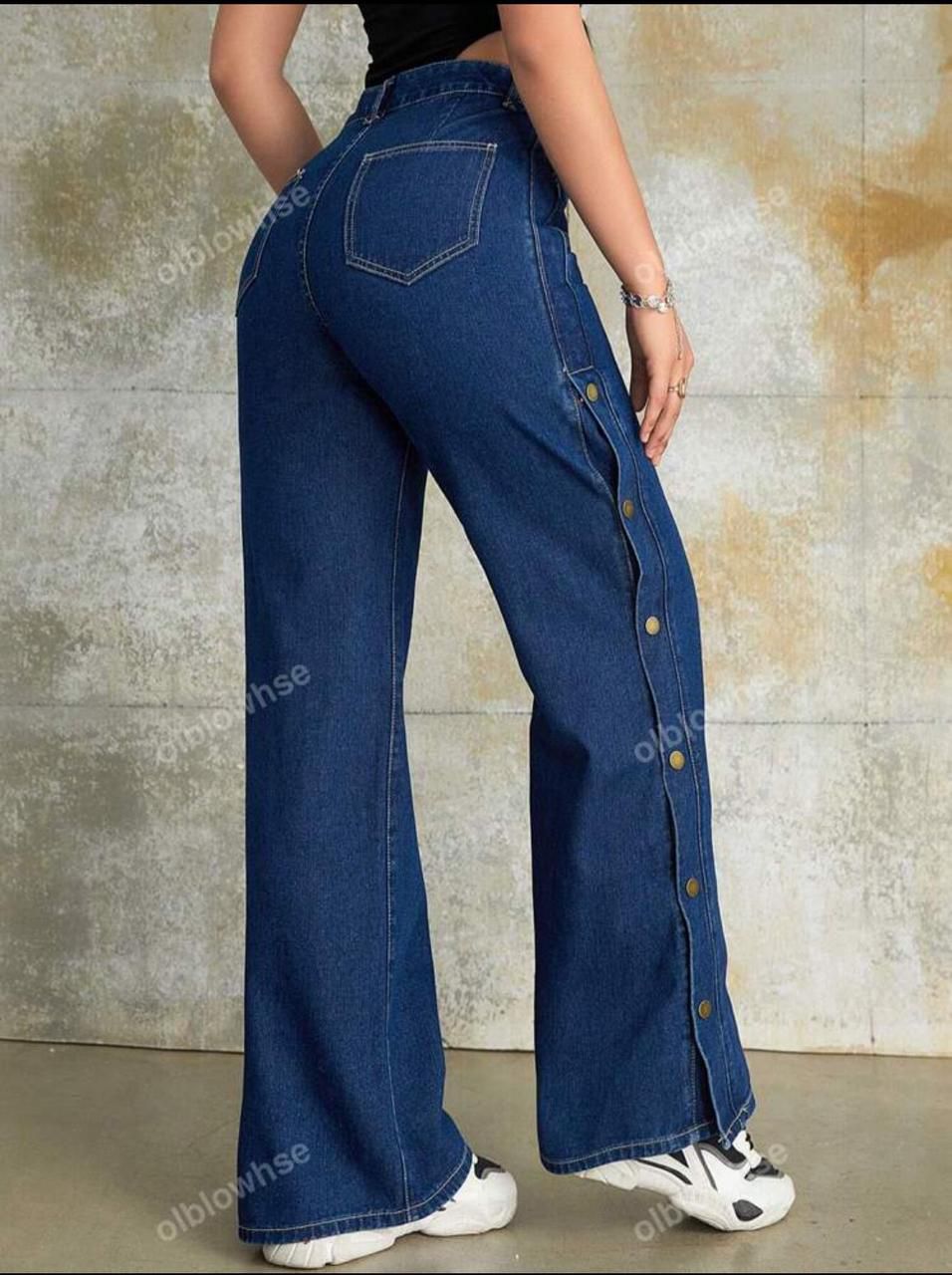 Slid Slit Darkblue Color Wide Leg Pant | Hopedenim014