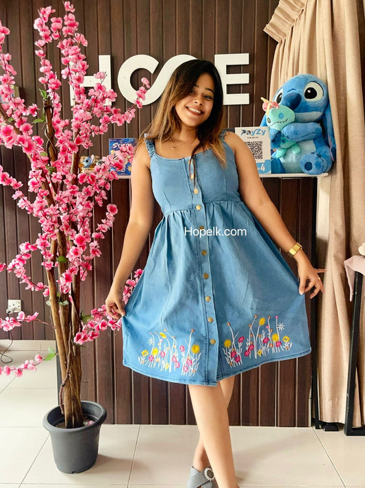 Embroidery Flower Denim Dress